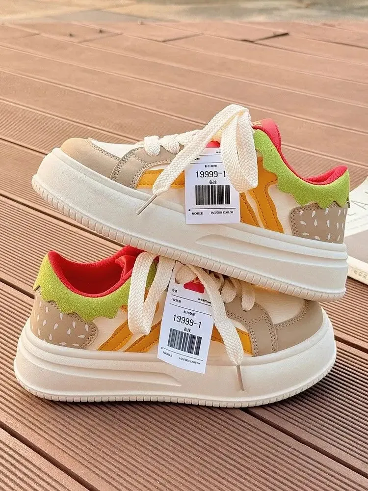 binfenxie  -  2024 Women Breathable Hamburger Sneakers Kawaii Patchwork Shoes Thick Heel Sneakers Trend Casual Running Platform High Top Shoes