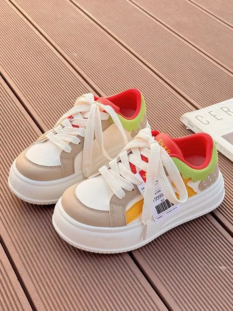 binfenxie  -  2024 Women Breathable Hamburger Sneakers Kawaii Patchwork Shoes Thick Heel Sneakers Trend Casual Running Platform High Top Shoes