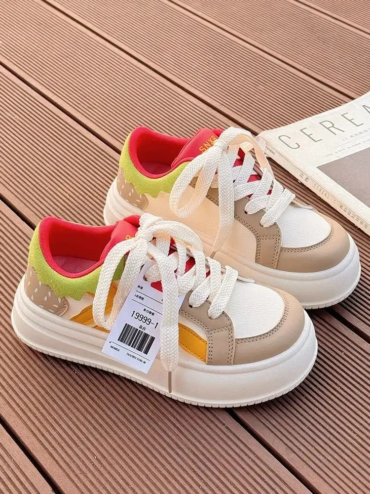binfenxie  -  2024 Women Breathable Hamburger Sneakers Kawaii Patchwork Shoes Thick Heel Sneakers Trend Casual Running Platform High Top Shoes