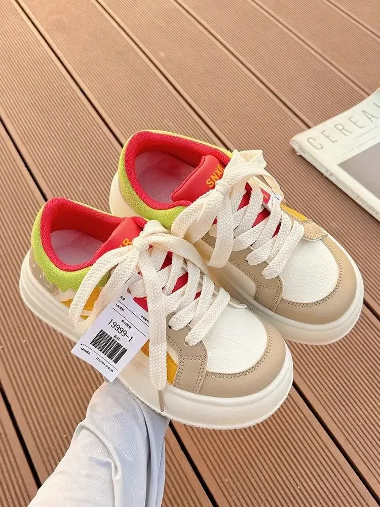 binfenxie  -  2024 Women Breathable Hamburger Sneakers Kawaii Patchwork Shoes Thick Heel Sneakers Trend Casual Running Platform High Top Shoes