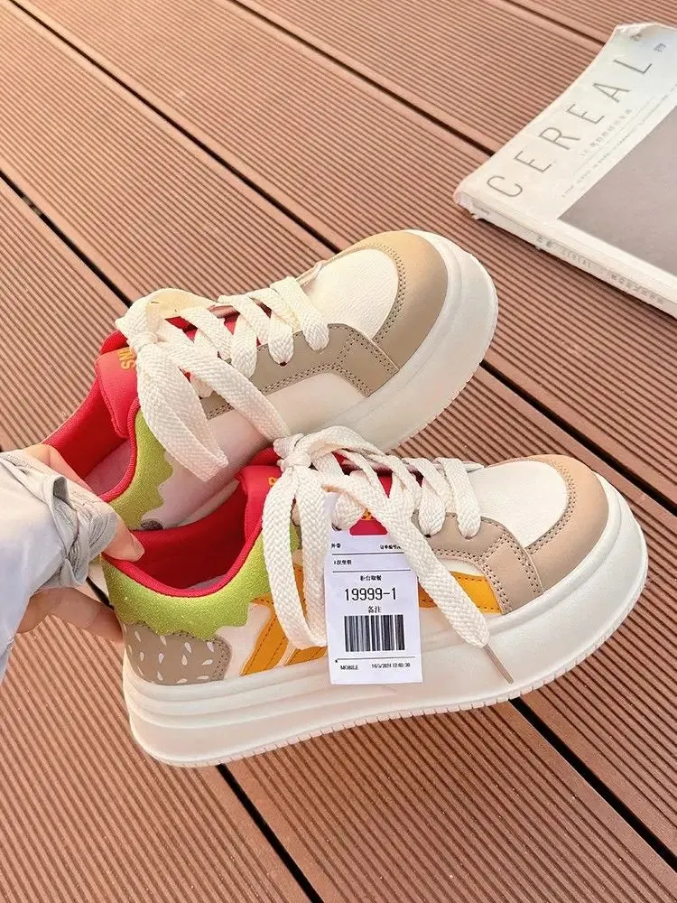 binfenxie  -  2024 Women Breathable Hamburger Sneakers Kawaii Patchwork Shoes Thick Heel Sneakers Trend Casual Running Platform High Top Shoes