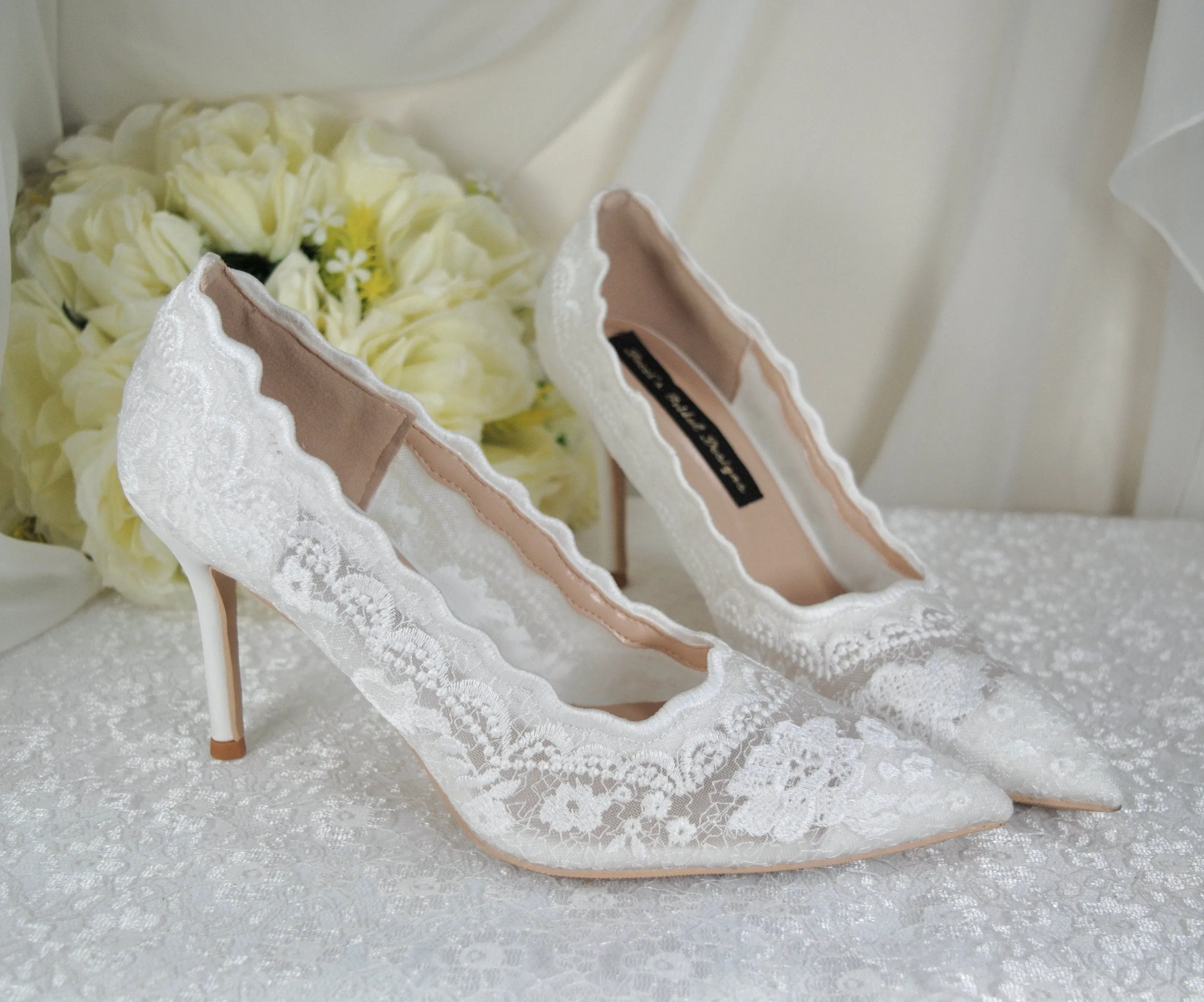 Bridal White, Lace Embroidered Shoes | 7cm or 9cm Heel