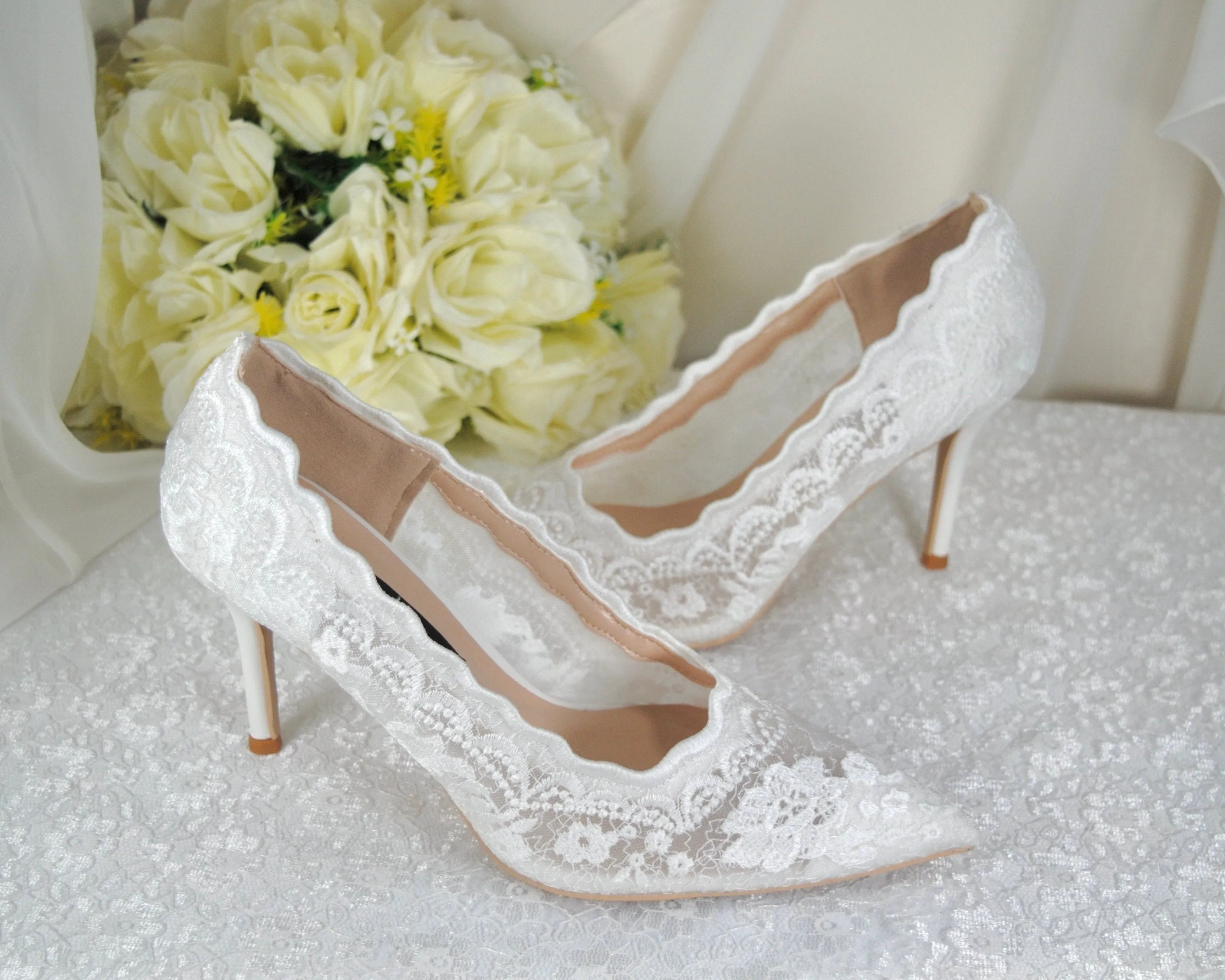 Bridal White, Lace Embroidered Shoes | 7cm or 9cm Heel