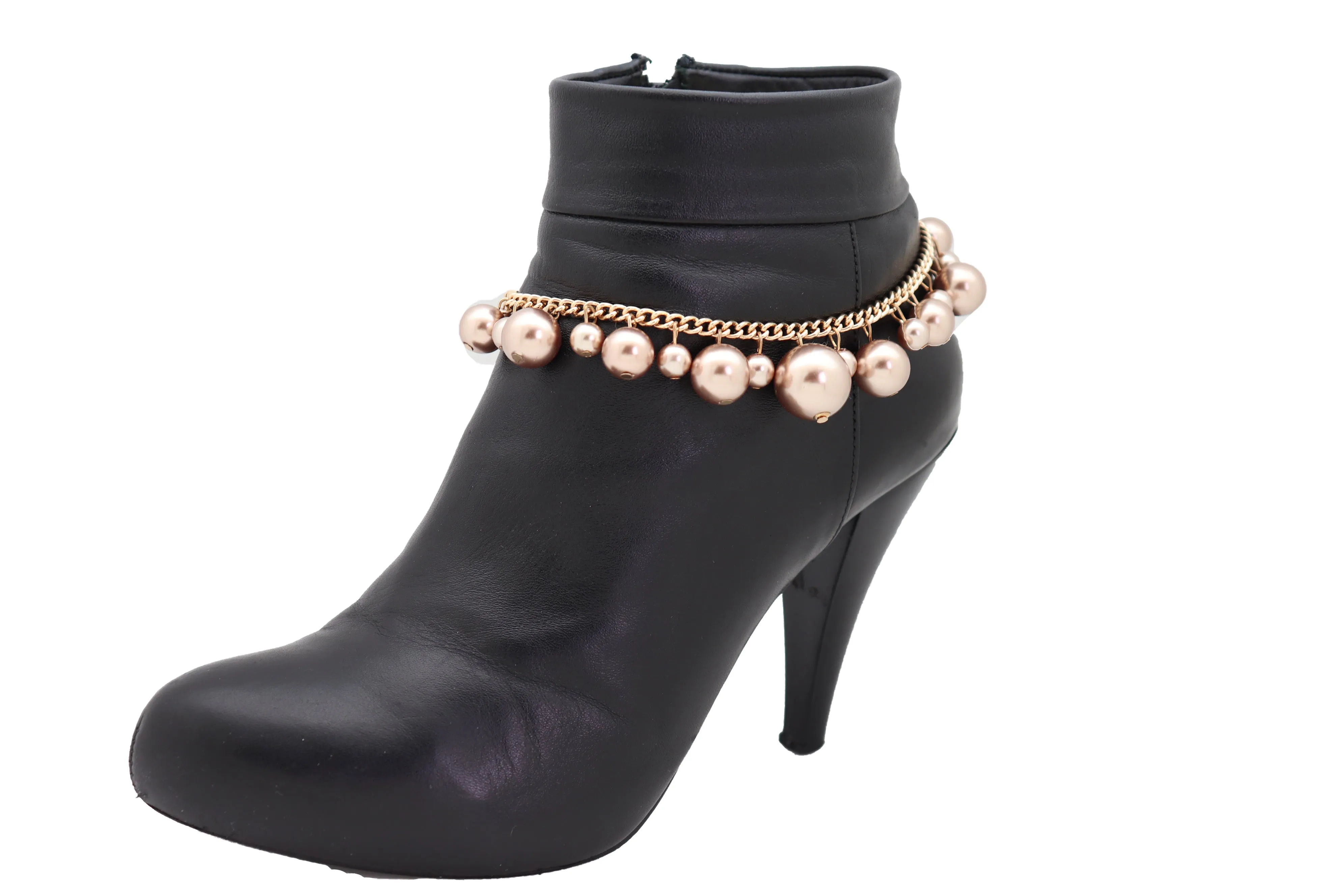 Gold Metal Chain Boot Bracelet Anklet Shoe Bronze Pearl Bead Charm Jewelry