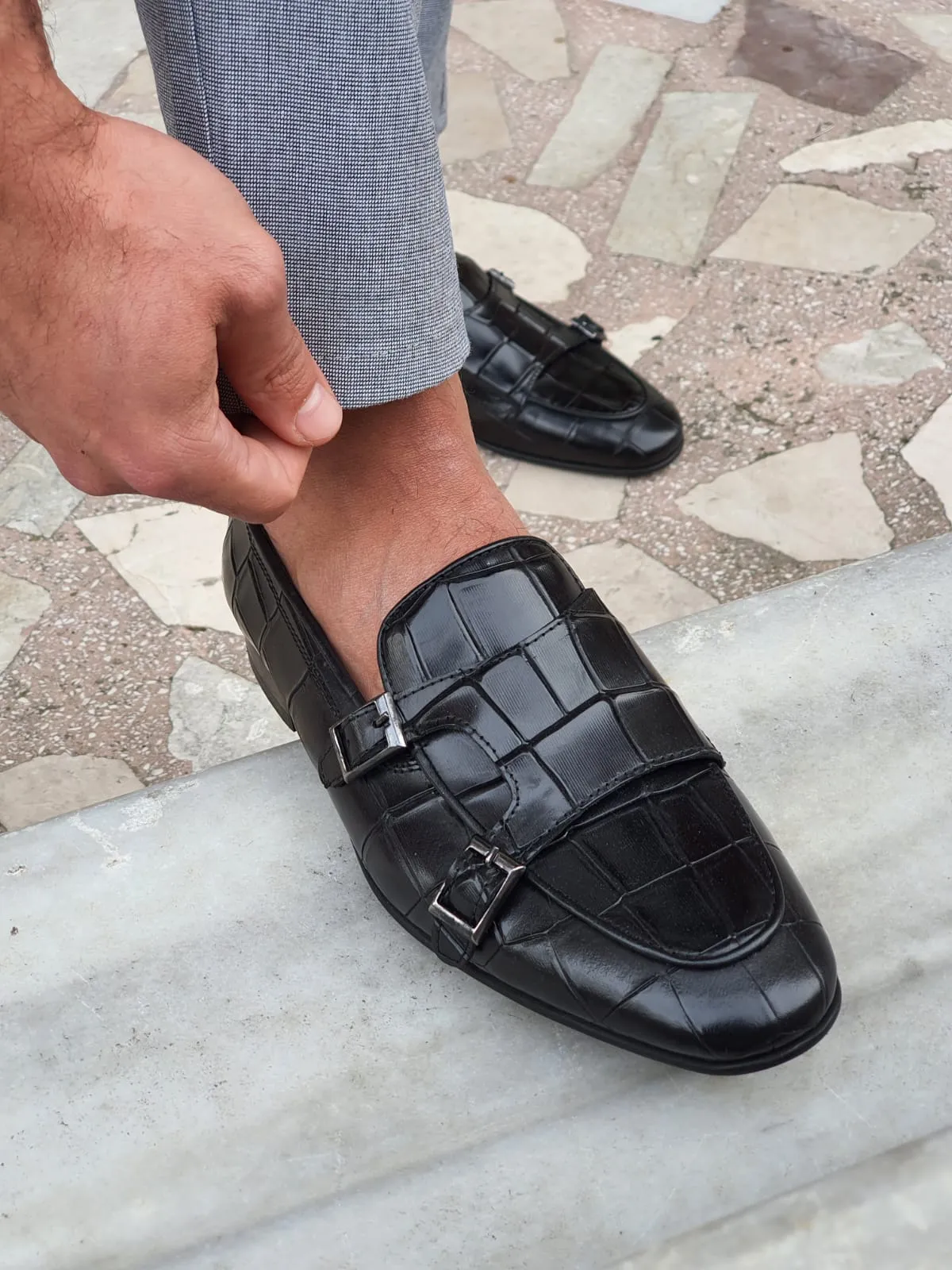 Harold Sardinelli Double Buckled Croc Detailed Black Shoes