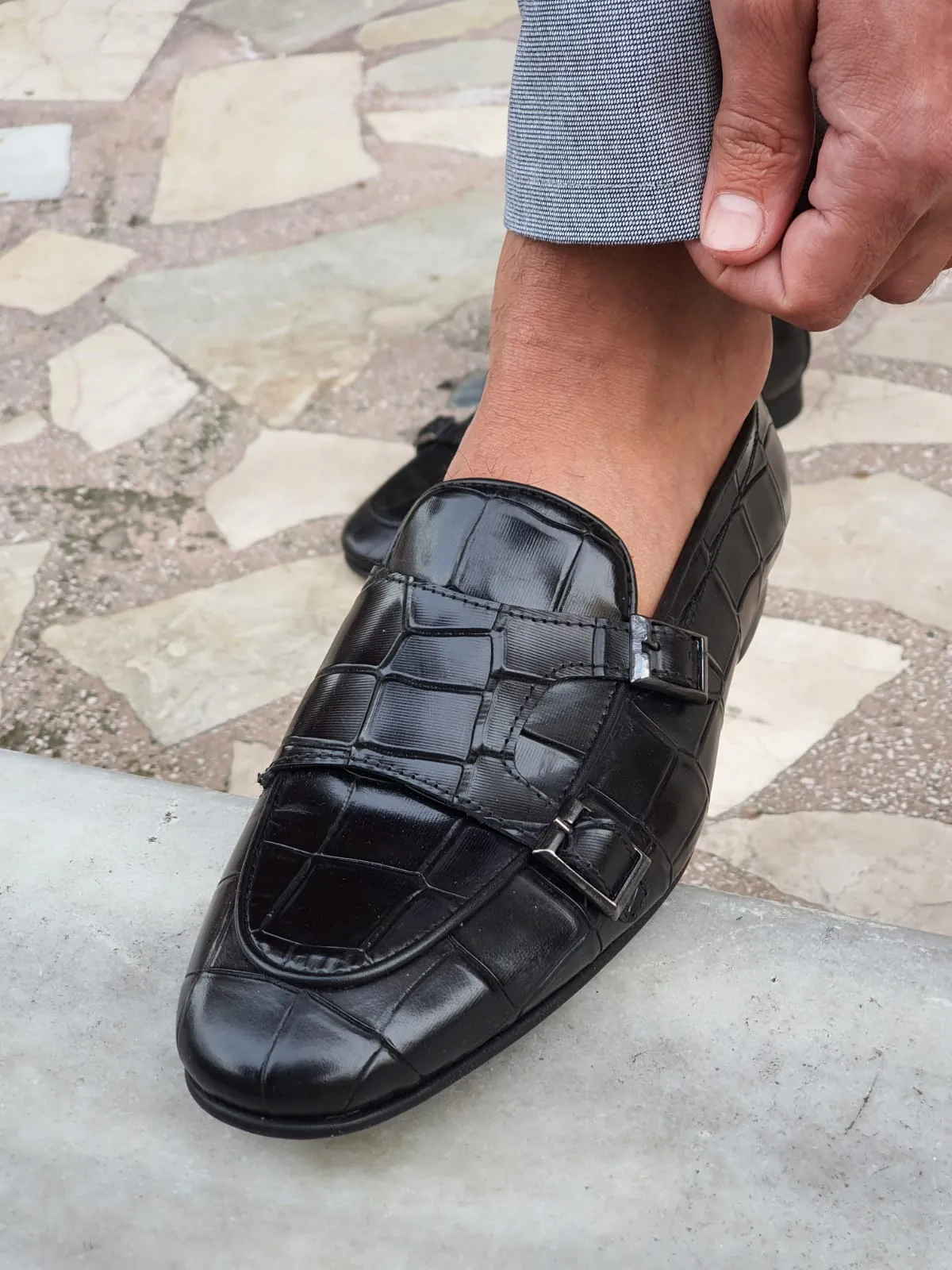 Harold Sardinelli Double Buckled Croc Detailed Black Shoes