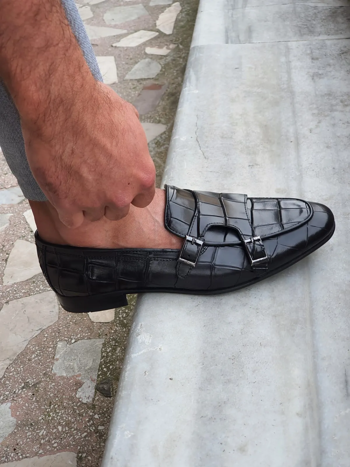 Harold Sardinelli Double Buckled Croc Detailed Black Shoes
