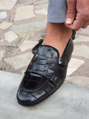 Harold Sardinelli Double Buckled Croc Detailed Black Shoes