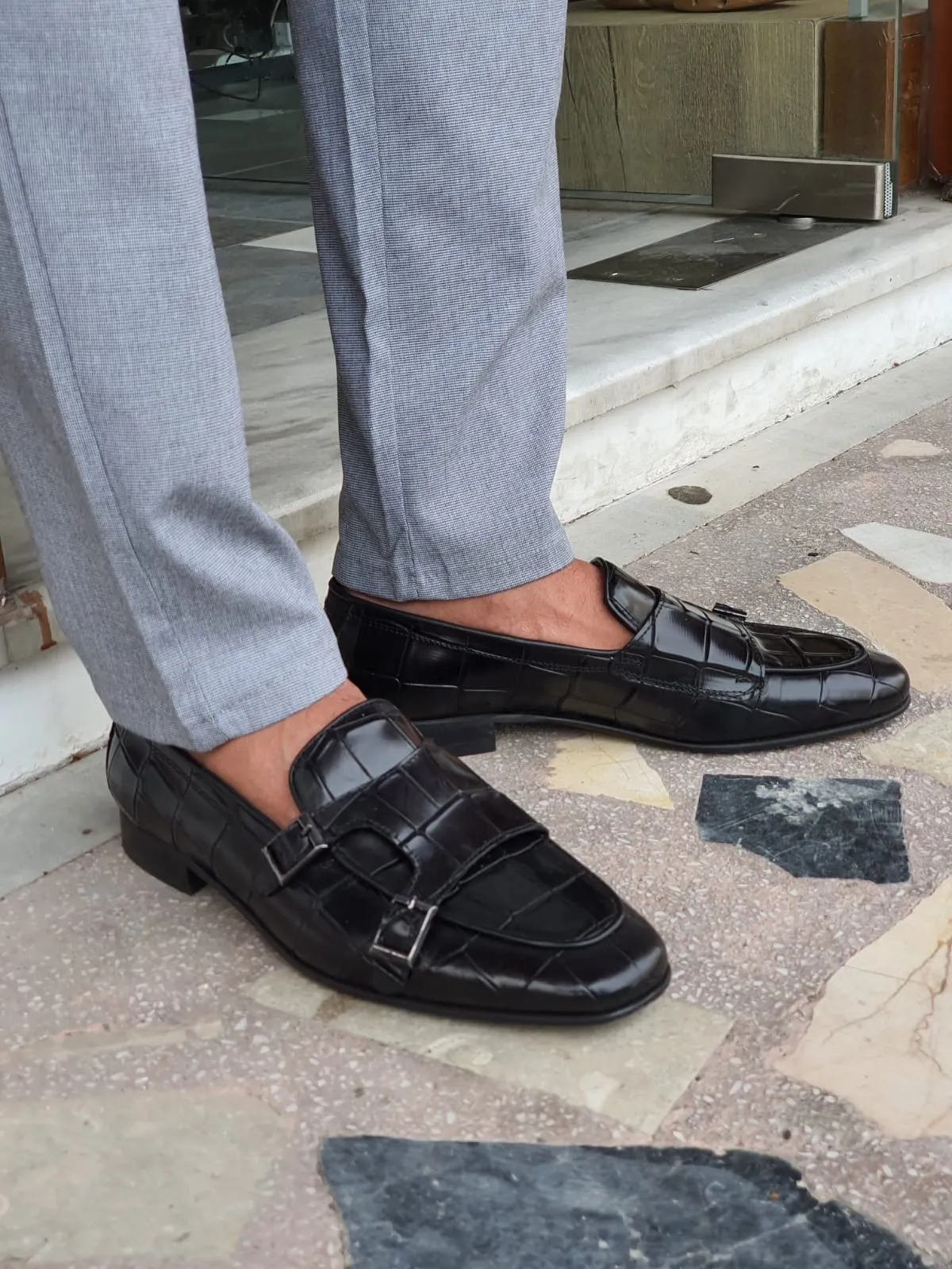 Harold Sardinelli Double Buckled Croc Detailed Black Shoes