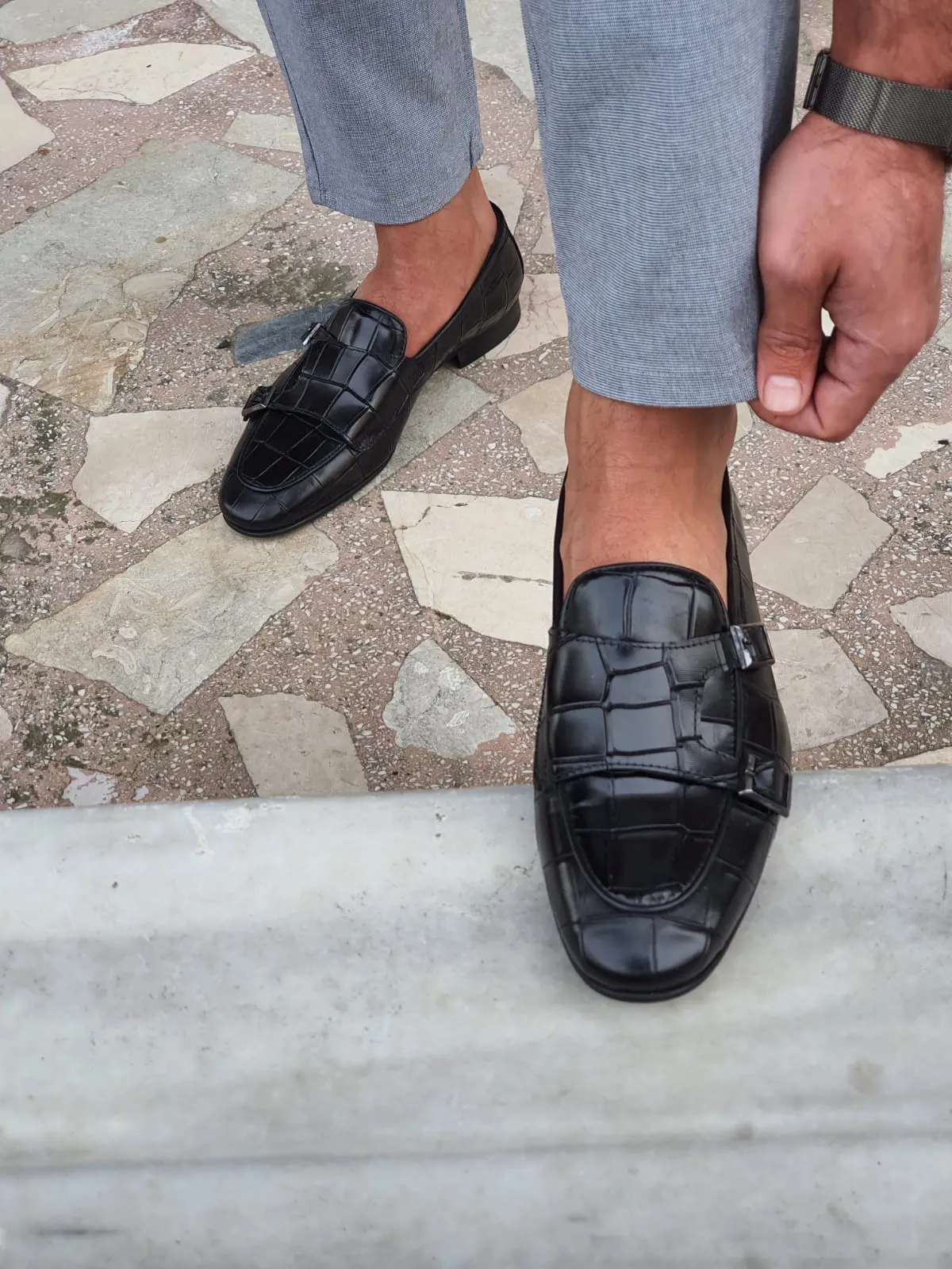 Harold Sardinelli Double Buckled Croc Detailed Black Shoes