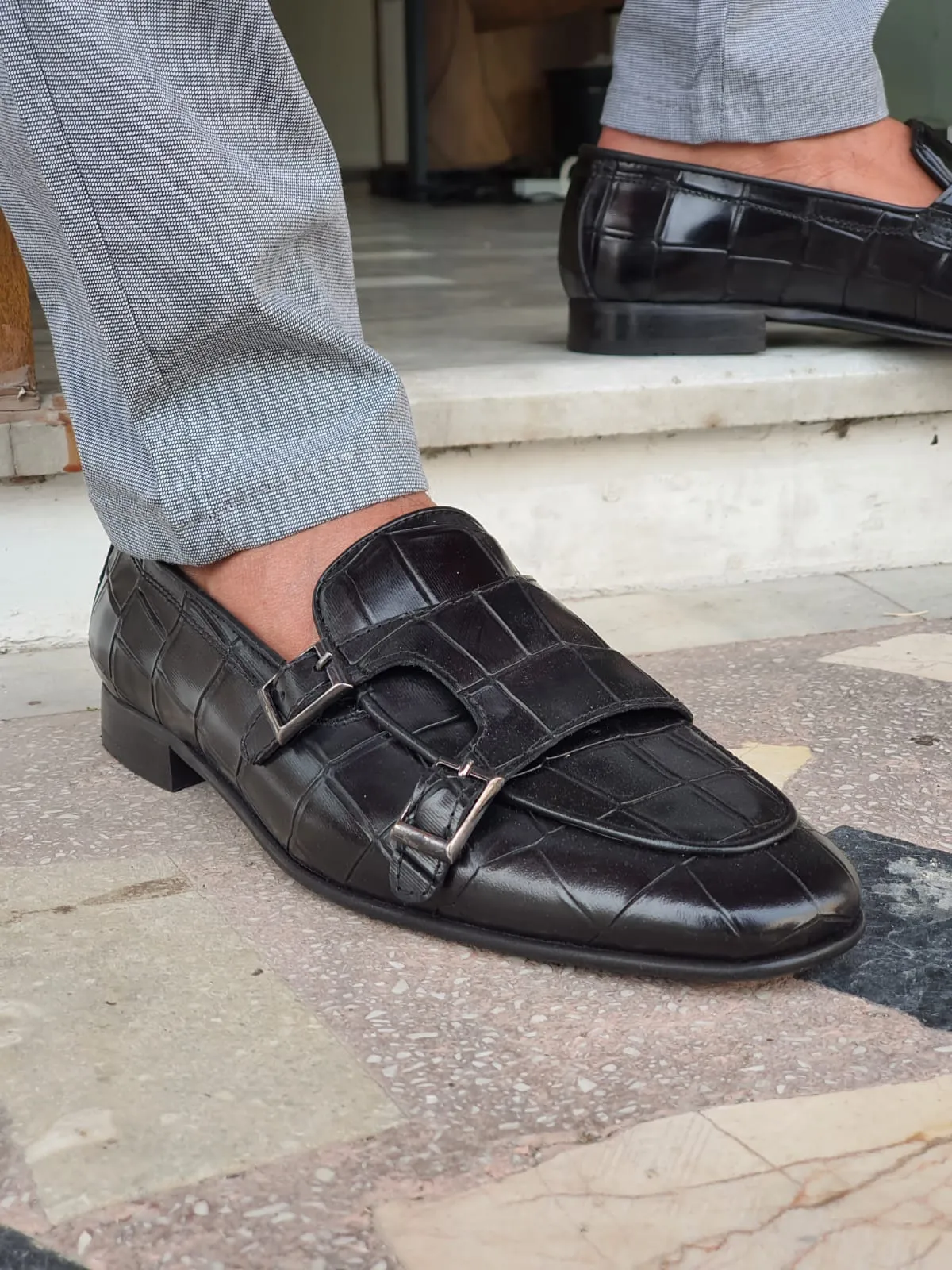 Harold Sardinelli Double Buckled Croc Detailed Black Shoes