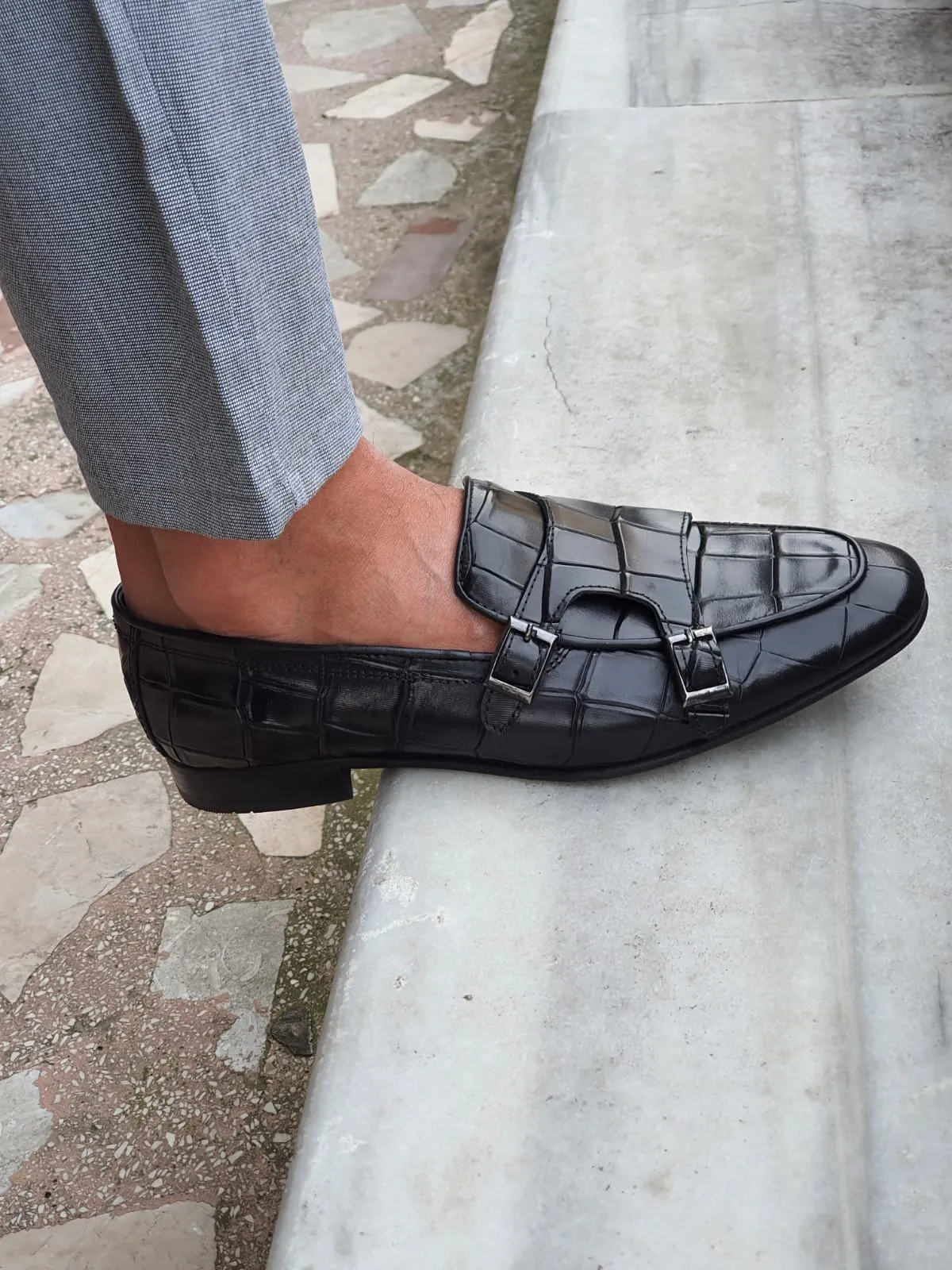 Harold Sardinelli Double Buckled Croc Detailed Black Shoes