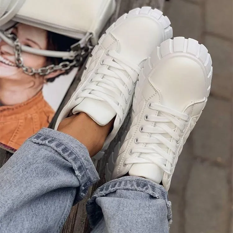 Women's white thick platform lace-up sneakers casual shoes