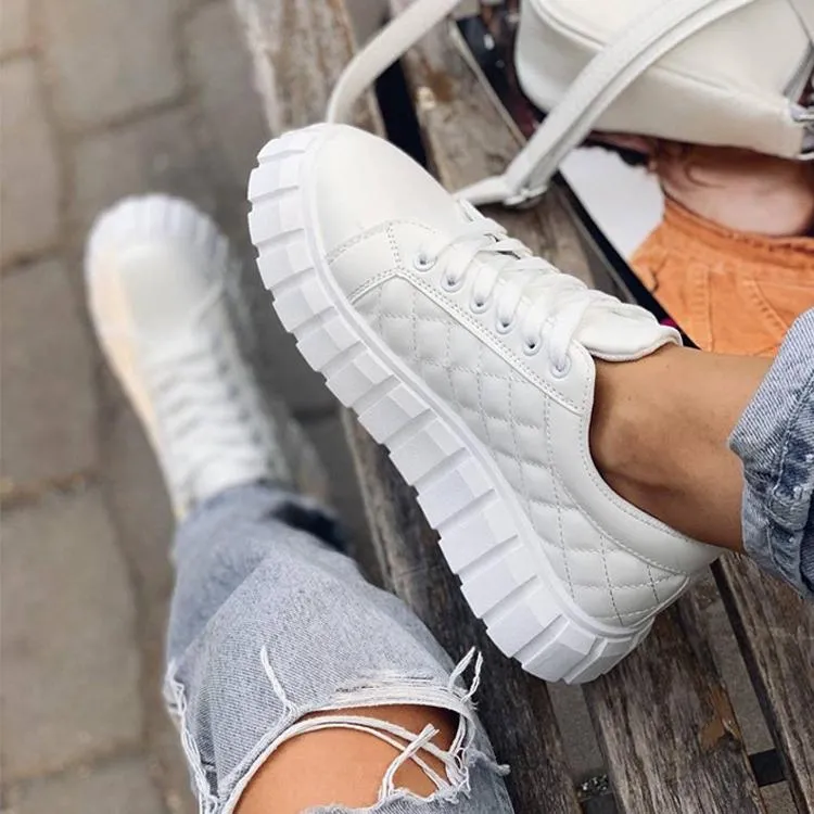 Women's white thick platform lace-up sneakers casual shoes