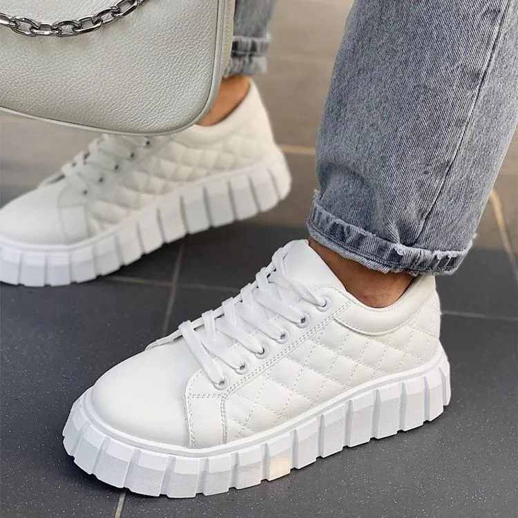 Women's white thick platform lace-up sneakers casual shoes